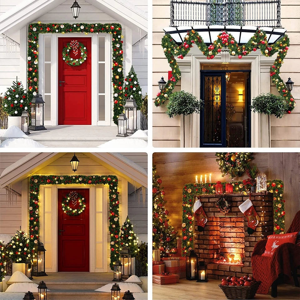 9ft Bushy Pine XMAS Christmas Garland with Lights for Stairs Outdoor Decorations