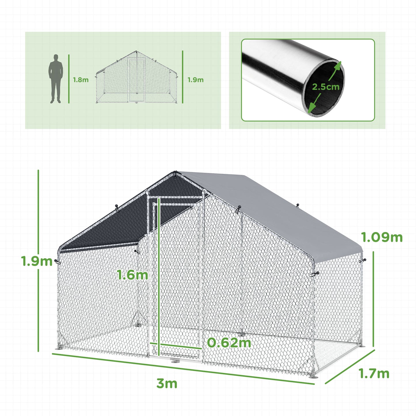 Walk In Chicken Run Galvanized Chicken Coop Hen House w/ Water-Resist Cover