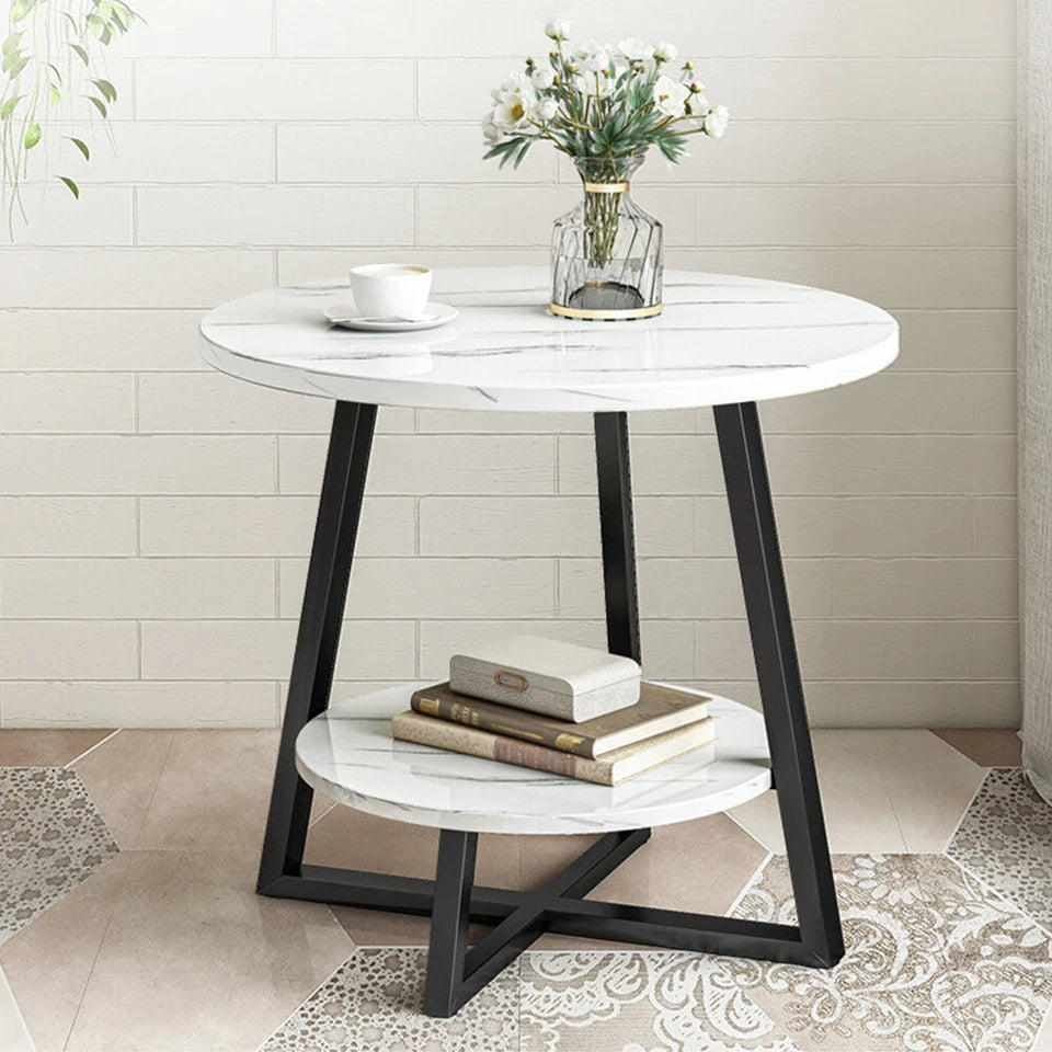 Round 2 Tier Coffee Table Side Table White Marble Effect End Table Living Room
