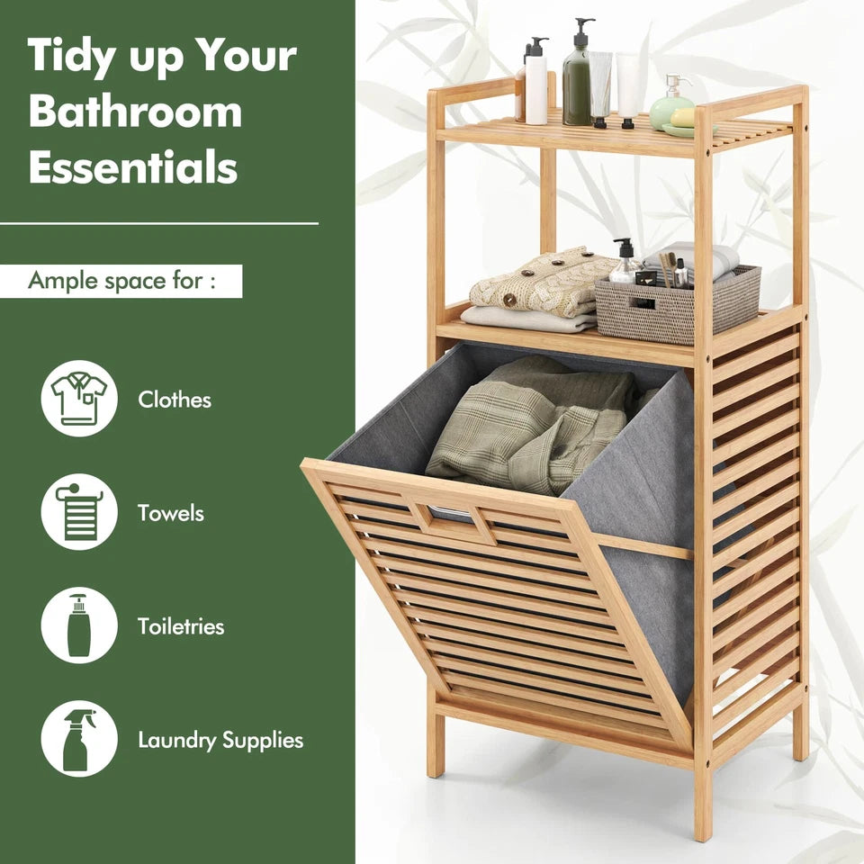 Bamboo Bathroom Shelf Tilt out Laundry Hamper Storage Organiser w/Laundry Basket
