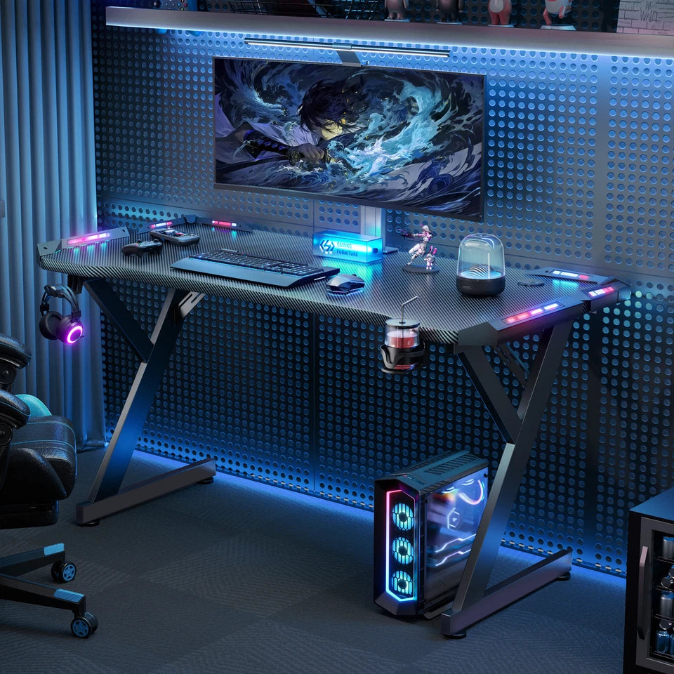 Gaming Desk LED RGB Computer Table Workstation w/ Cup Holder & Headphone Hook