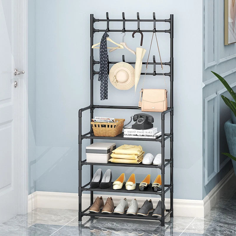 8 Hooks Coat and Hat Stand Metal + Plastic Shoe Rack Bedroom Shelf Hanger
