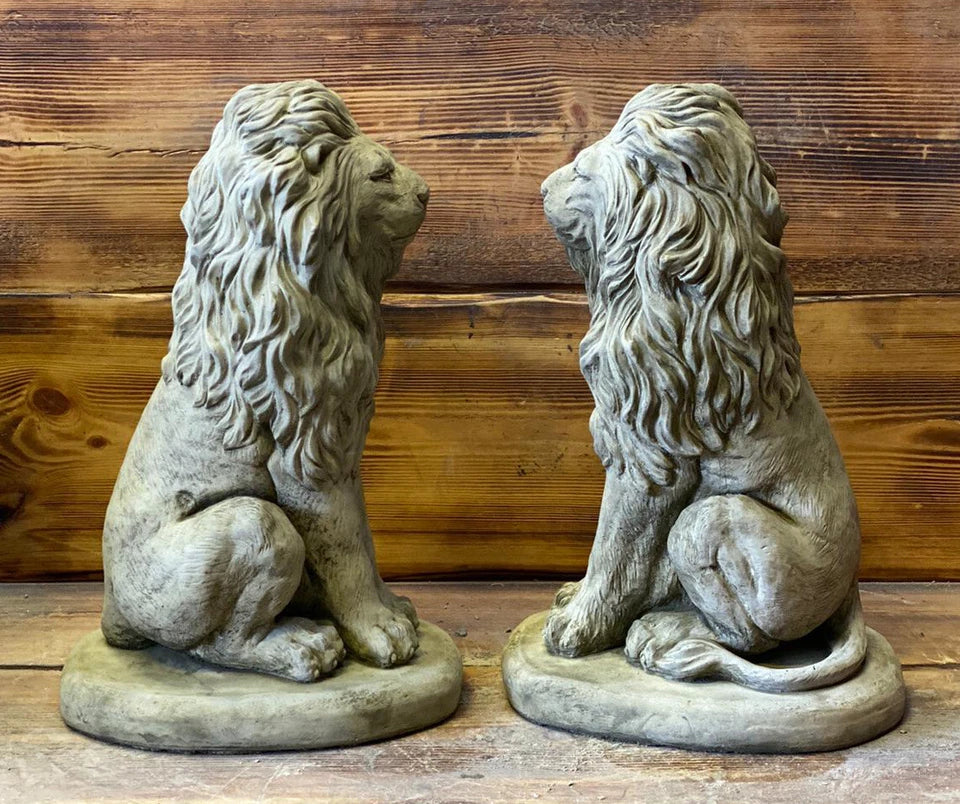 LION PAIR Stone Garden Ornament 40cm Statue