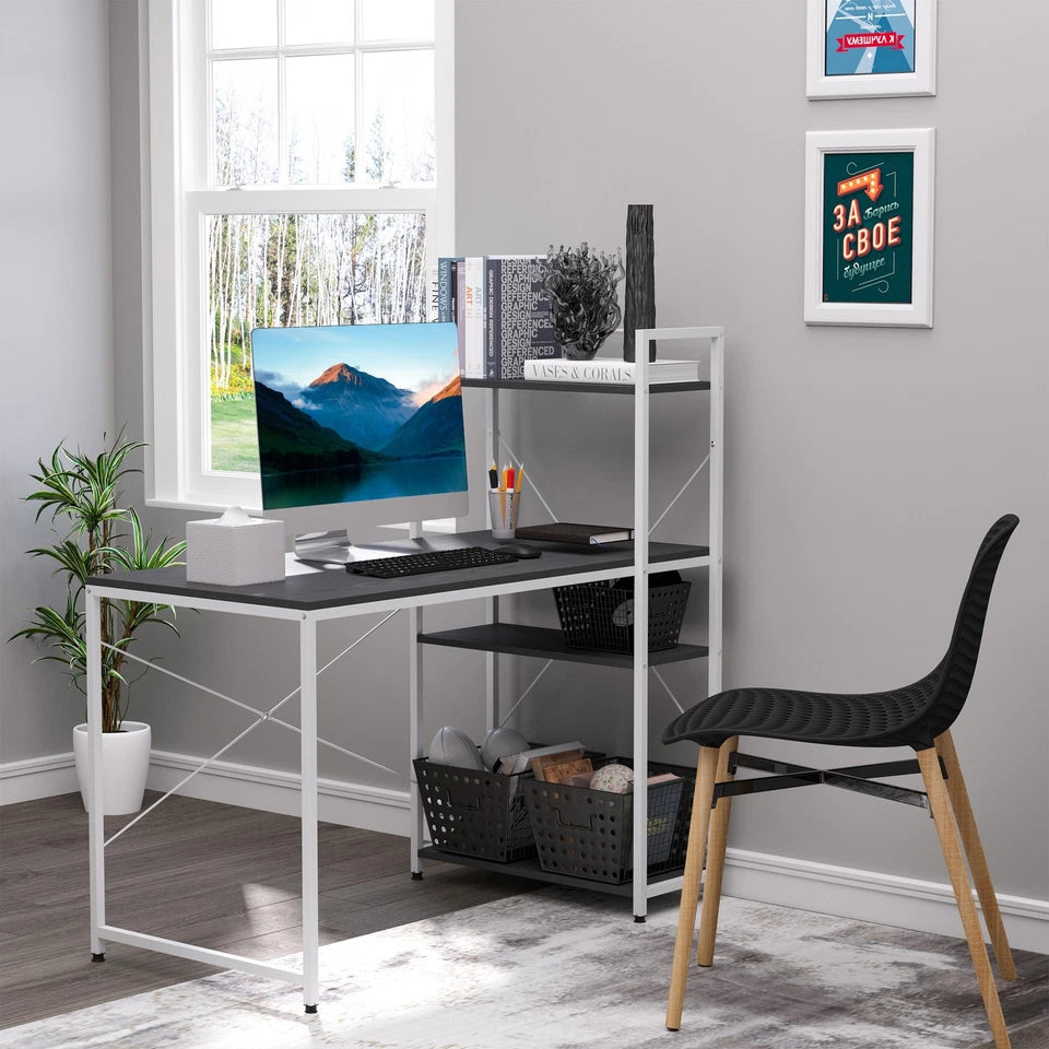 Computer Desk Laptop Table w/4-tier Bookshelf Metal Frame Black, White
