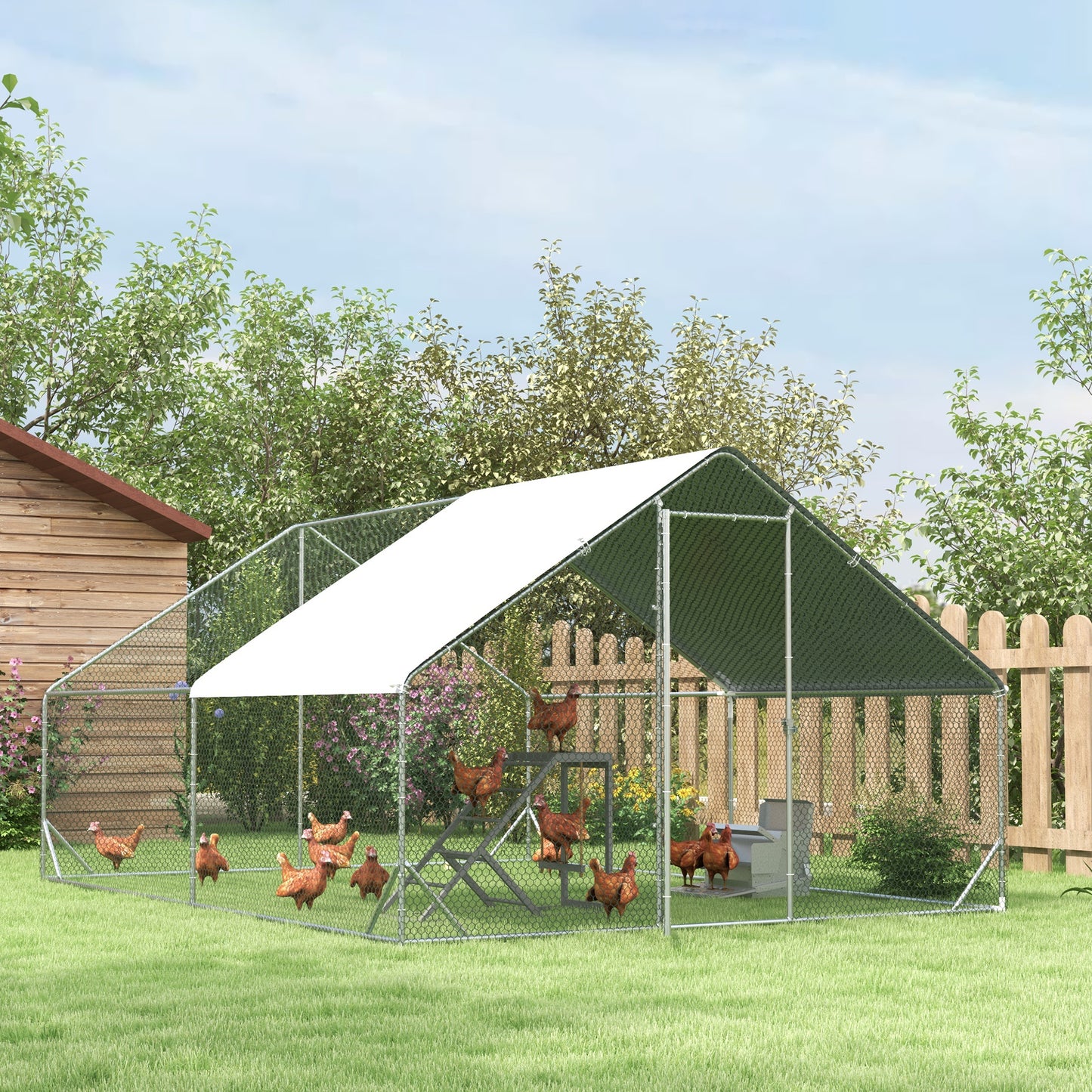 Walk In Chicken Run Galvanized Chicken Coop Hen House w/ Water-Resist Cover