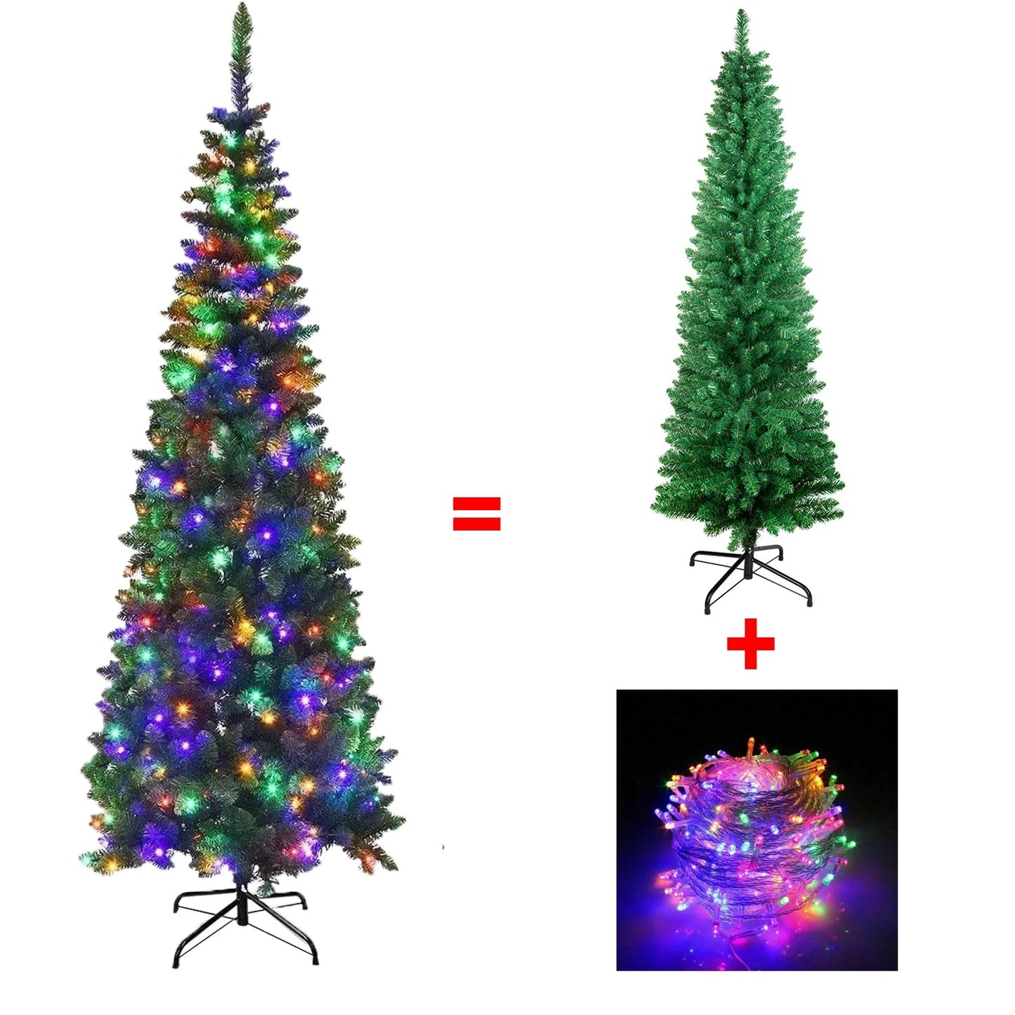 4/5/6/7ft Pencil Slim Christmas Tree with Lights Artificial XMAS Home Decoration