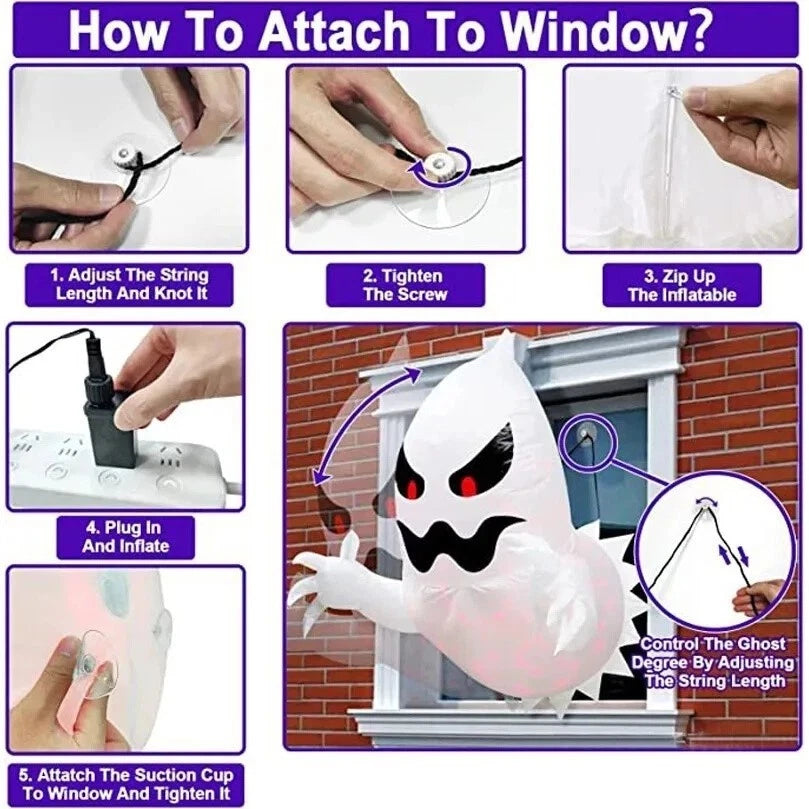 Halloween Inflatable Ghost With LED Lights Coming Out From Window Outdoor Decor