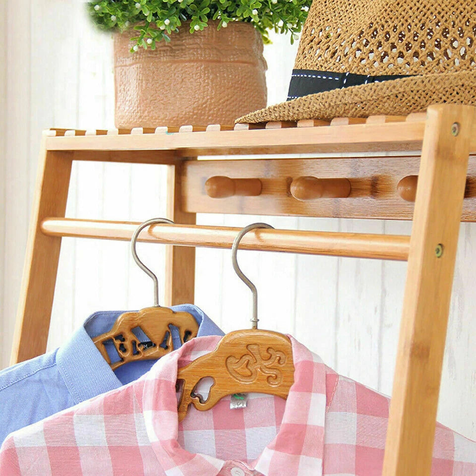 Bamboo Clothes Rail Rack Garment Stand with Top Shelf Shoe Storage Ladder Rails