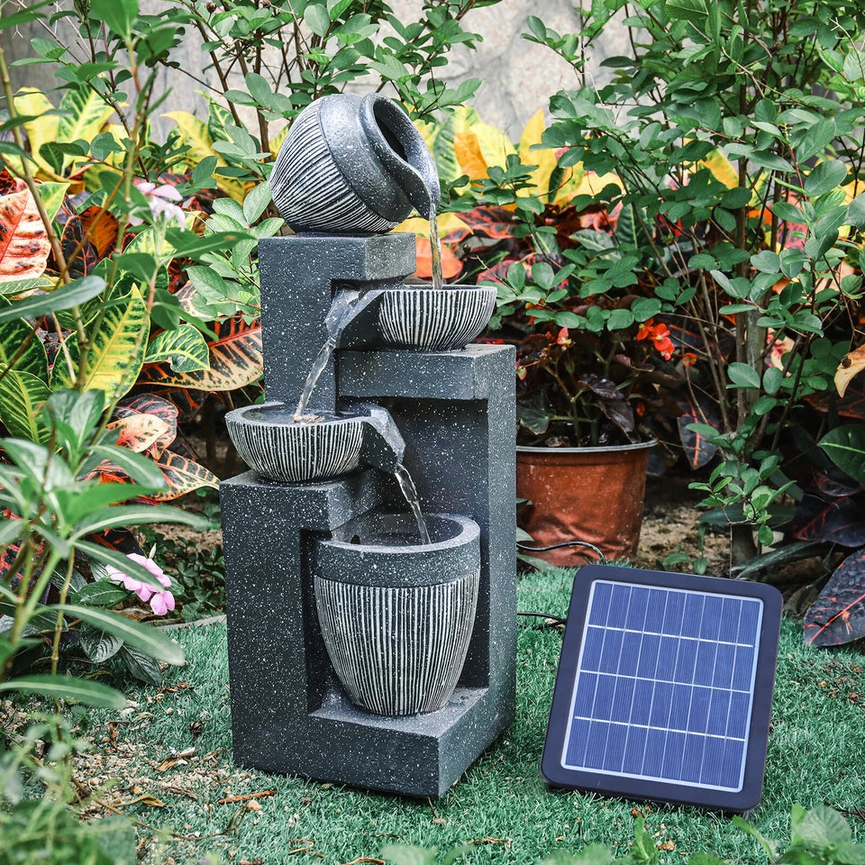 Garden Solar Power Cascading Tiered Water Feature Fountain Statues w/ LED Lights