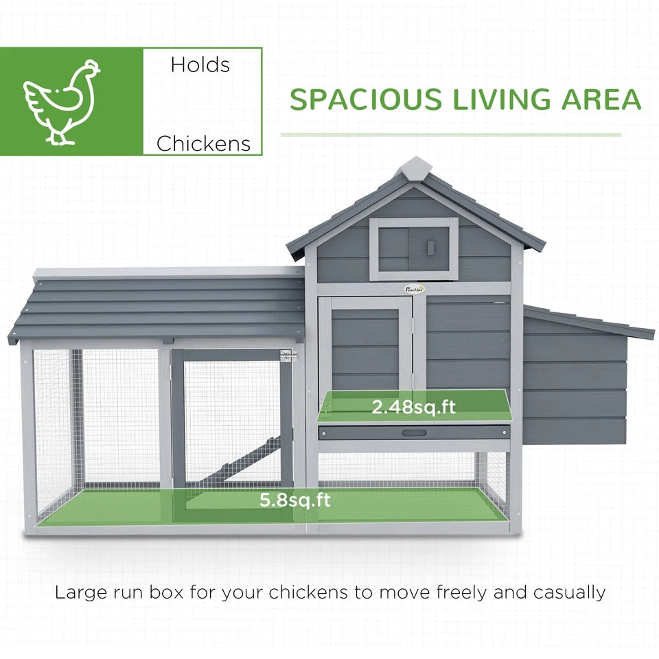 PawHut Chicken Coop Hen Cage Small Animal Hutch Nesting Box Outdoor Run Grey