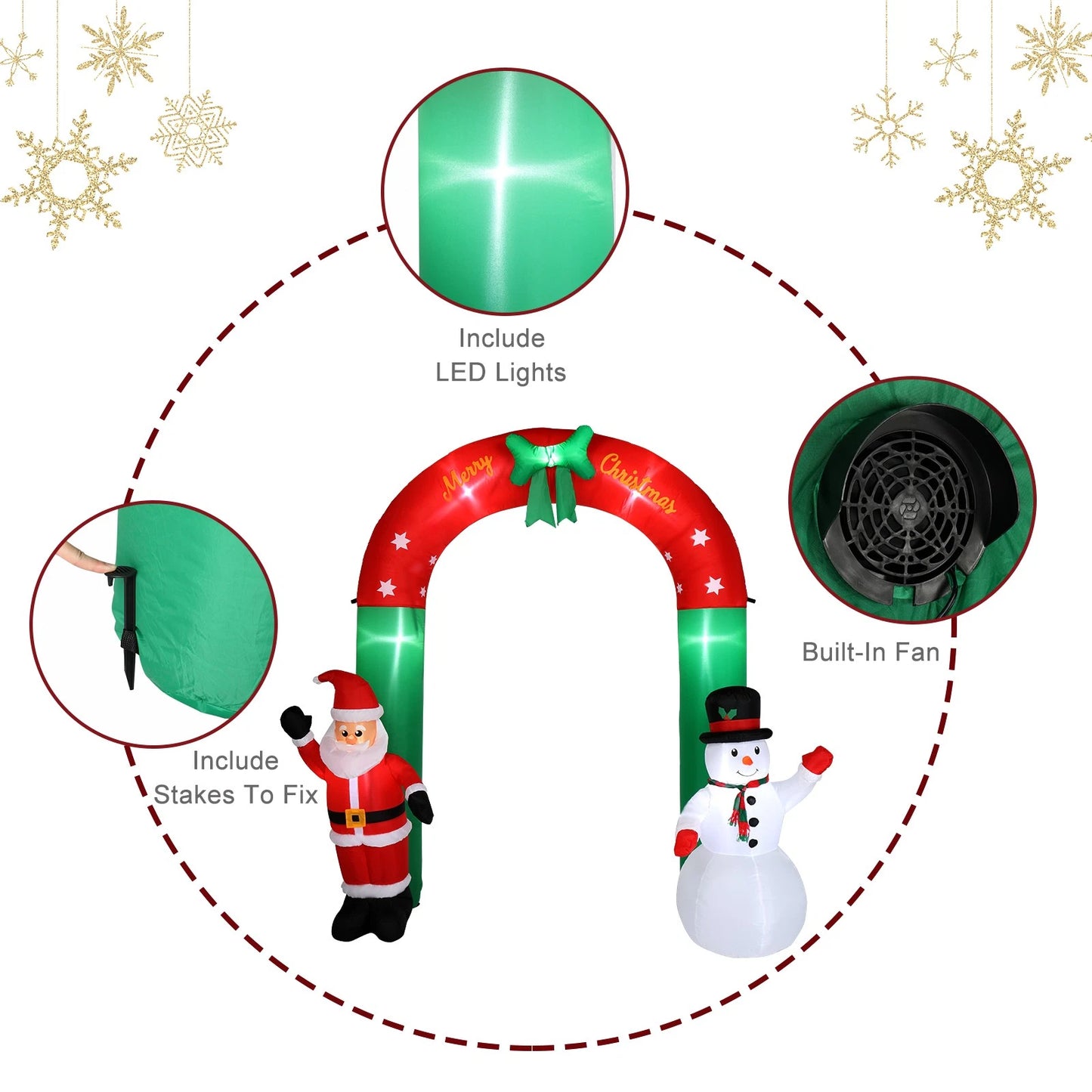 2.4M Christmas Arch Inflatable with Santa & Snowman & LED Lights Outdoor Decor