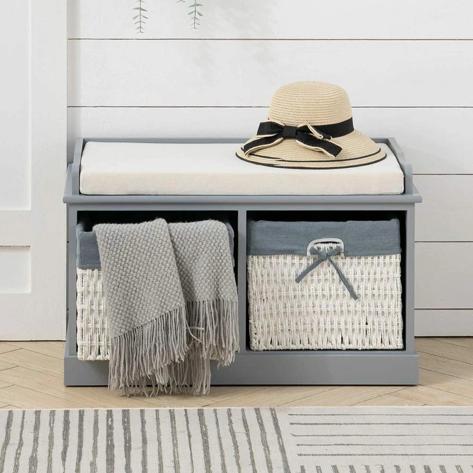 Large Shoe Storage Bench with Seat Cushion And 2 Rattan Basket Organiser Hallway