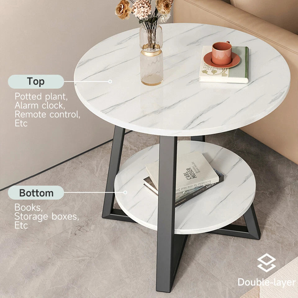 Round 2 Tier Coffee Table Side Table White Marble Effect End Table Living Room