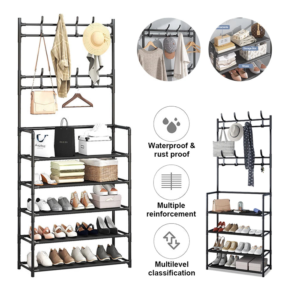 8 Hooks Coat and Hat Stand Metal + Plastic Shoe Rack Bedroom Shelf Hanger