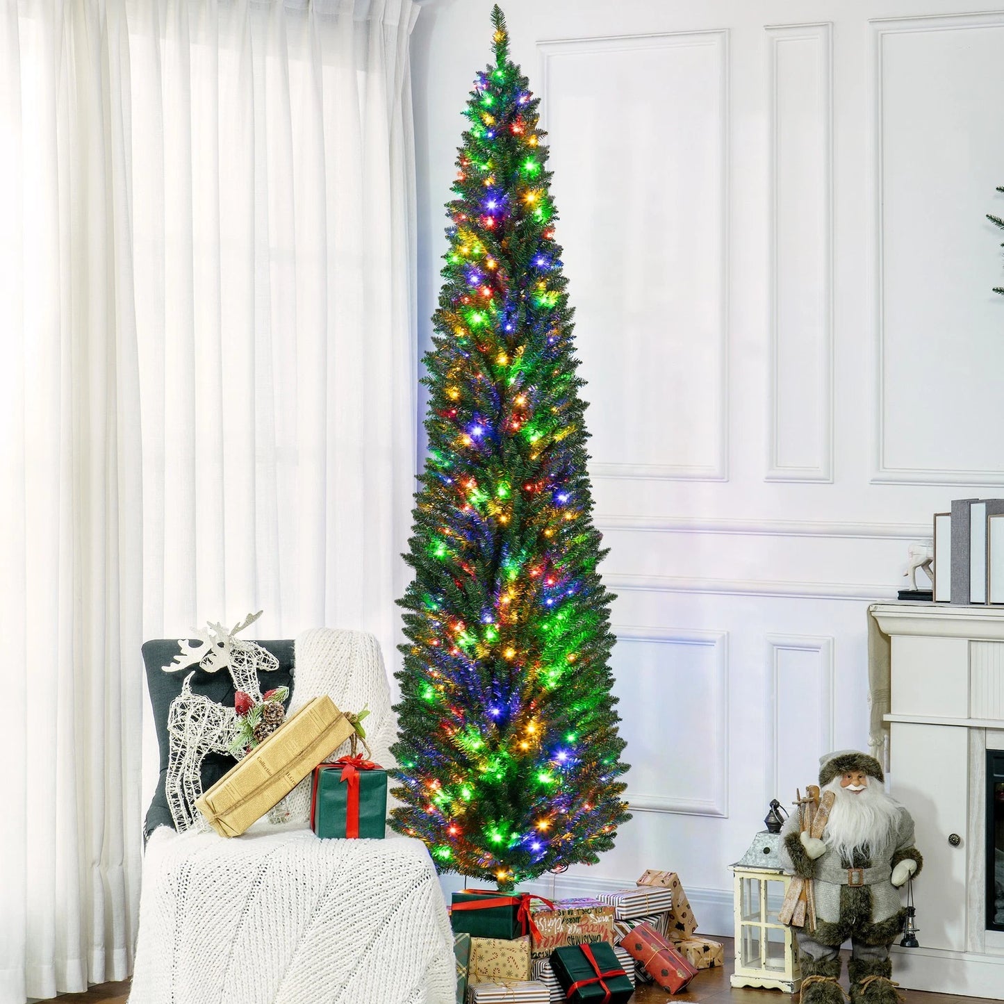 4/5/6/7ft Pencil Slim Christmas Tree with Lights Artificial XMAS Home Decoration