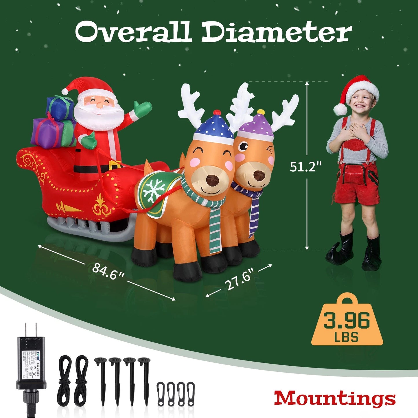 7FT Christmas Inflatable Santa Claus Sledge Sleigh Reindeer Blow Up Xmas Garden