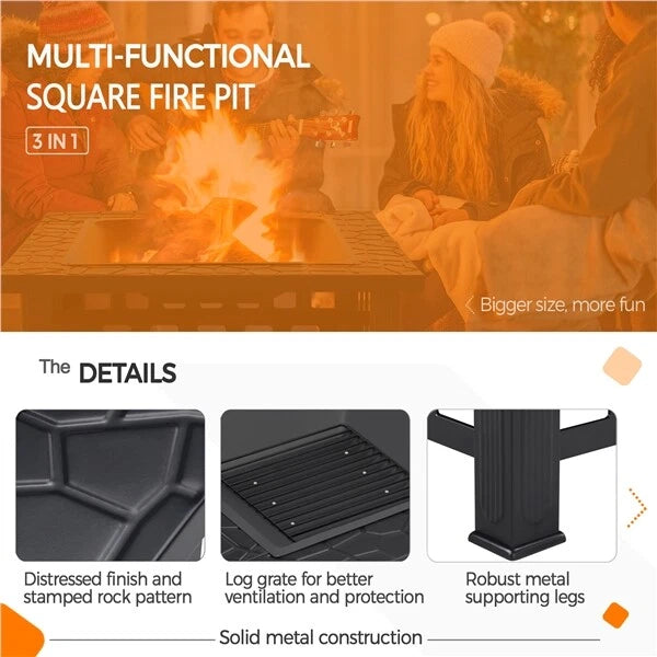 Large Fire Pit BBQ Outdoor Iron Grill Square Garden Table Patio Log Burner Stove