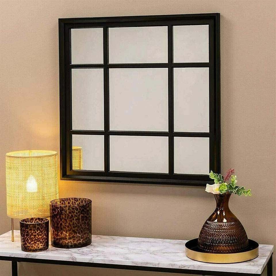 BLACK ENCHANTED WINDOW STYLE WALL MIRROR MANTEL HALLWAY SQUARE 61X61Cm