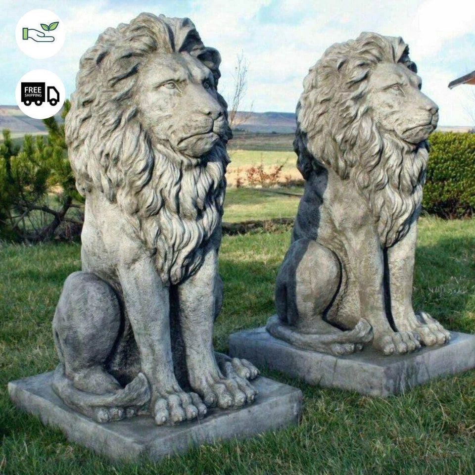 Pair Large Proud Lions Heavy Stone Cast Garden Statues by DGS UK 330KGS