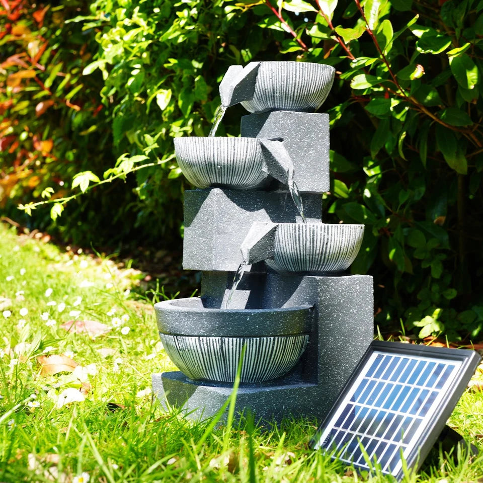 Solar Garden Water Feature Fountain Deco- ration 4 Tier Bowl LED Outdoor Indoor