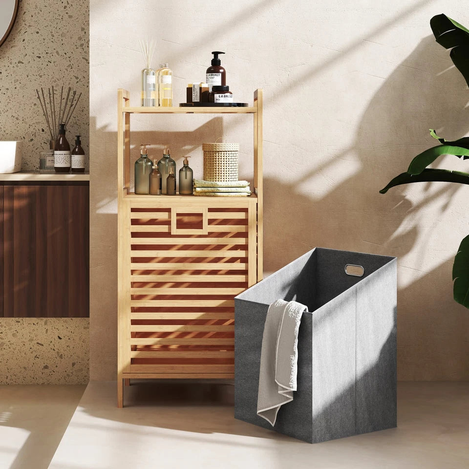 Bamboo Bathroom Shelf Tilt out Laundry Hamper Storage Organiser w/Laundry Basket