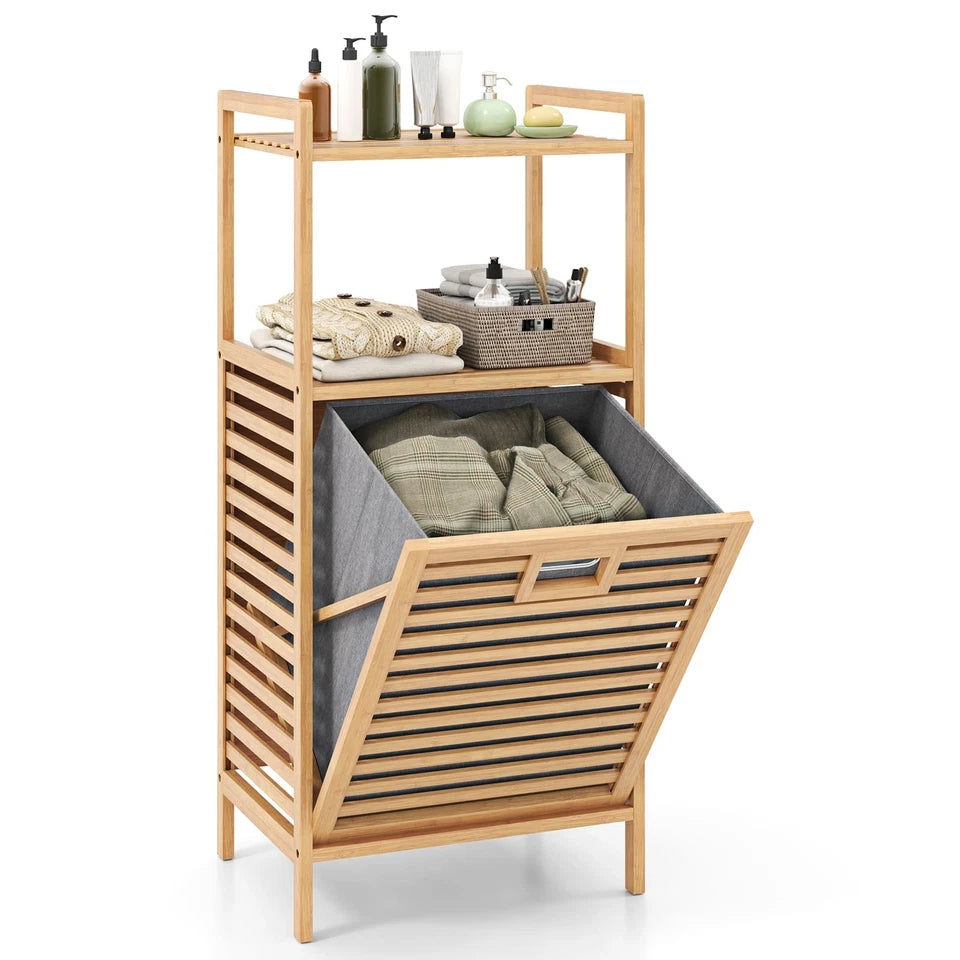 Bamboo Bathroom Shelf Tilt out Laundry Hamper Storage Organiser w/Laundry Basket