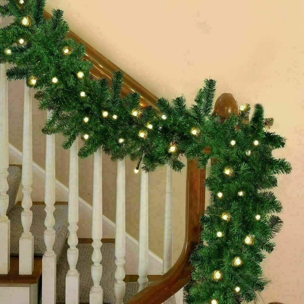 9ft Bushy Pine XMAS Christmas Garland with Lights for Stairs Outdoor Decorations