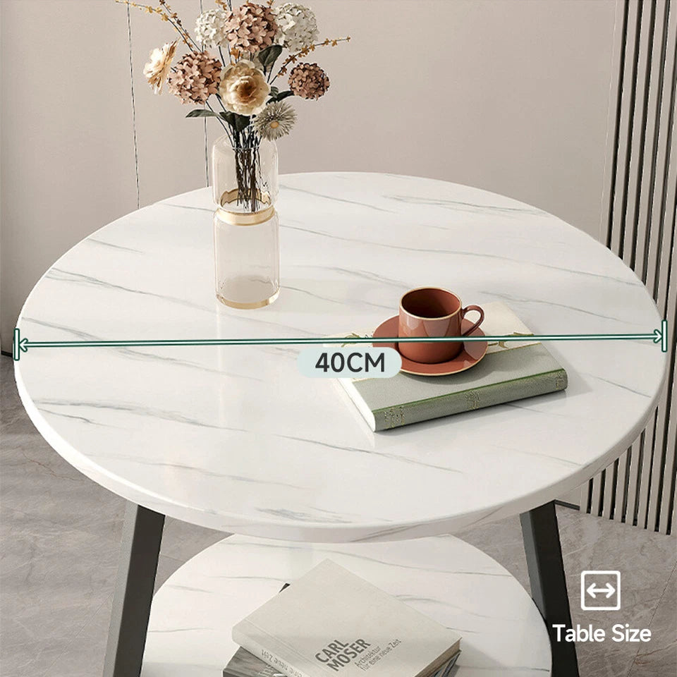 Round 2 Tier Coffee Table Side Table White Marble Effect End Table Living Room