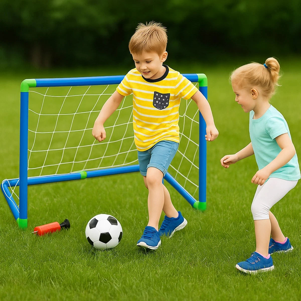Kids 2in1 Portable Soccer Goal Post Up Football Target Board With Net, Ball Pump