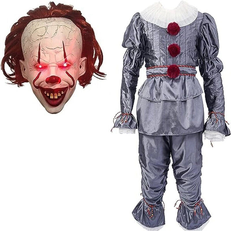 Adult Pennywise Clown Costume Halloween Cosplay Suit Outfit Fancy Dress Mask Men