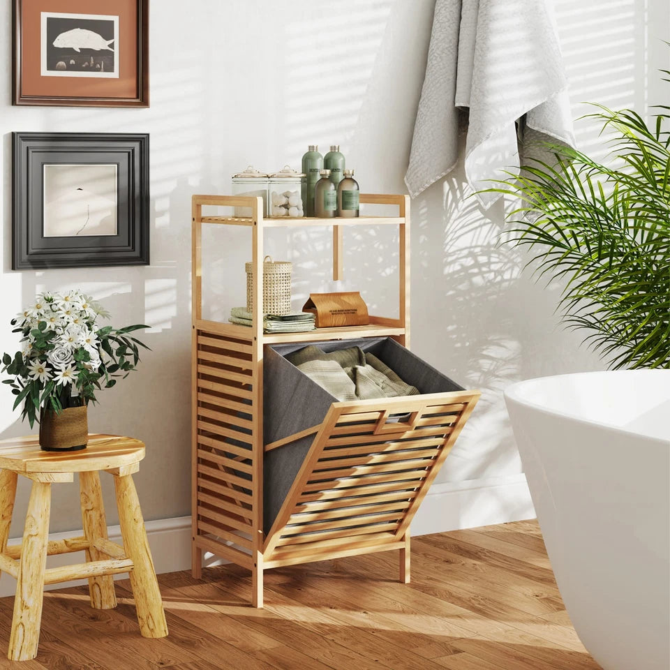 Bamboo Bathroom Shelf Tilt out Laundry Hamper Storage Organiser w/Laundry Basket