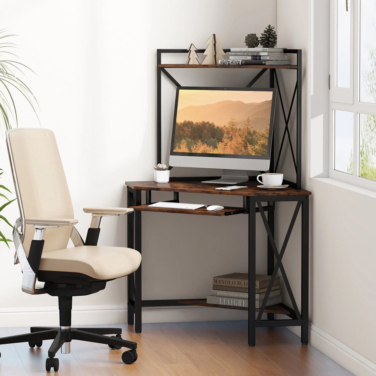 Corner Desk Space-Saving Computer Desk Home Office Study Writing Desk w/Shelves