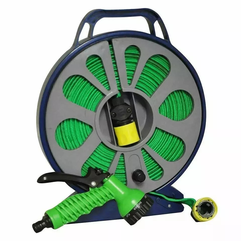 50 Feet/15 Meter Flat Hose Pipe Reel With Water Nozzle Gun Spray Garden Watering