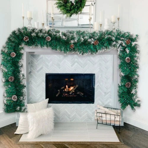 9ft Christmas Garland Snow Flocked With Lights Pinecones Berries Wreath Bushy