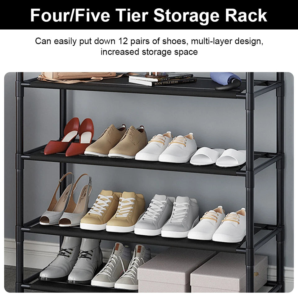 8 Hooks Coat and Hat Stand Metal + Plastic Shoe Rack Bedroom Shelf Hanger