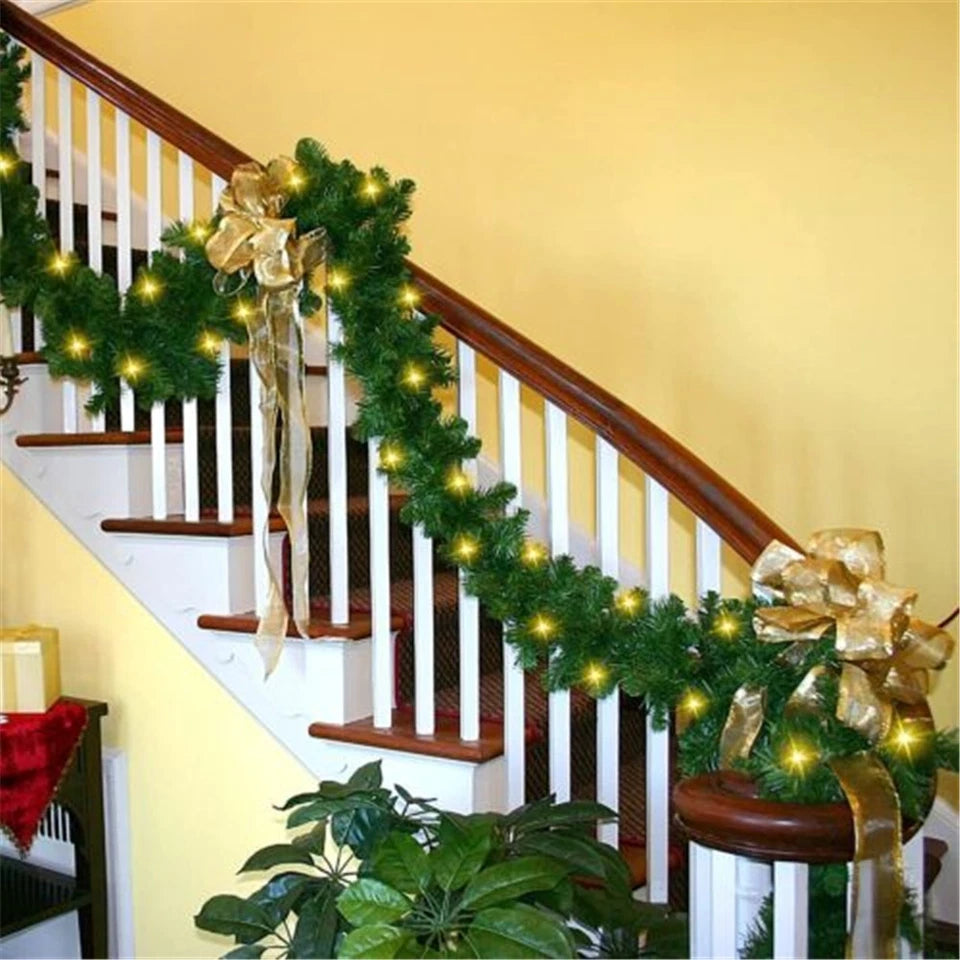 9ft Bushy Pine XMAS Christmas Garland with Lights for Stairs Outdoor Decorations