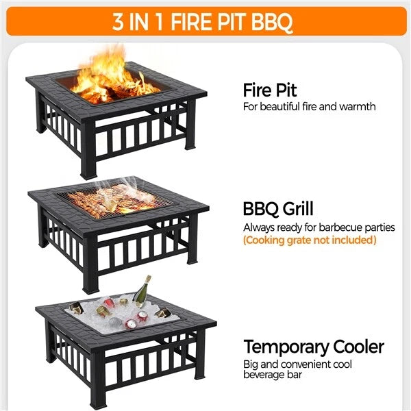 Large Fire Pit BBQ Outdoor Iron Grill Square Garden Table Patio Log Burner Stove