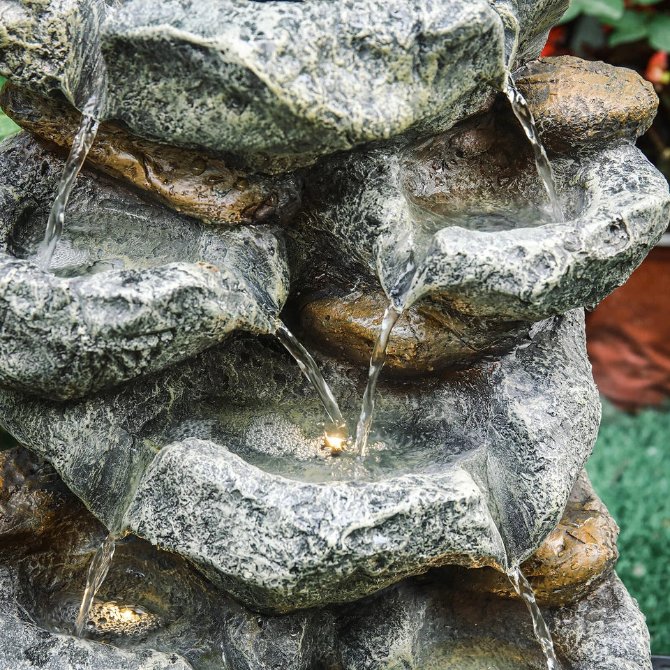 Solar Powered Cascading Stones Fountain LED Water Feature Garden Statues Pump