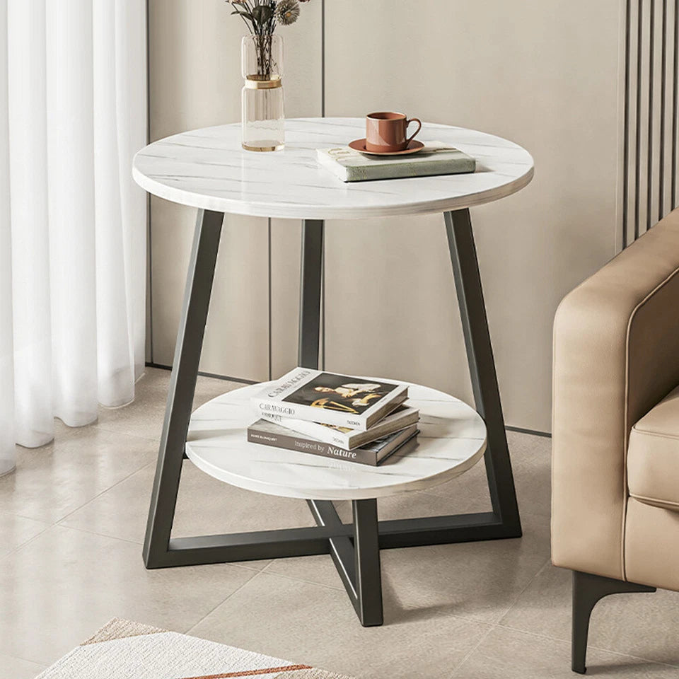 Round 2 Tier Coffee Table Side Table White Marble Effect End Table Living Room