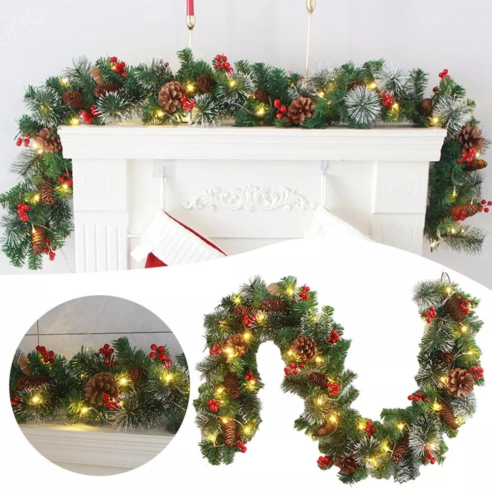 9ft Christmas Garland Snow Flocked With Lights Pinecones Berries Wreath Bushy