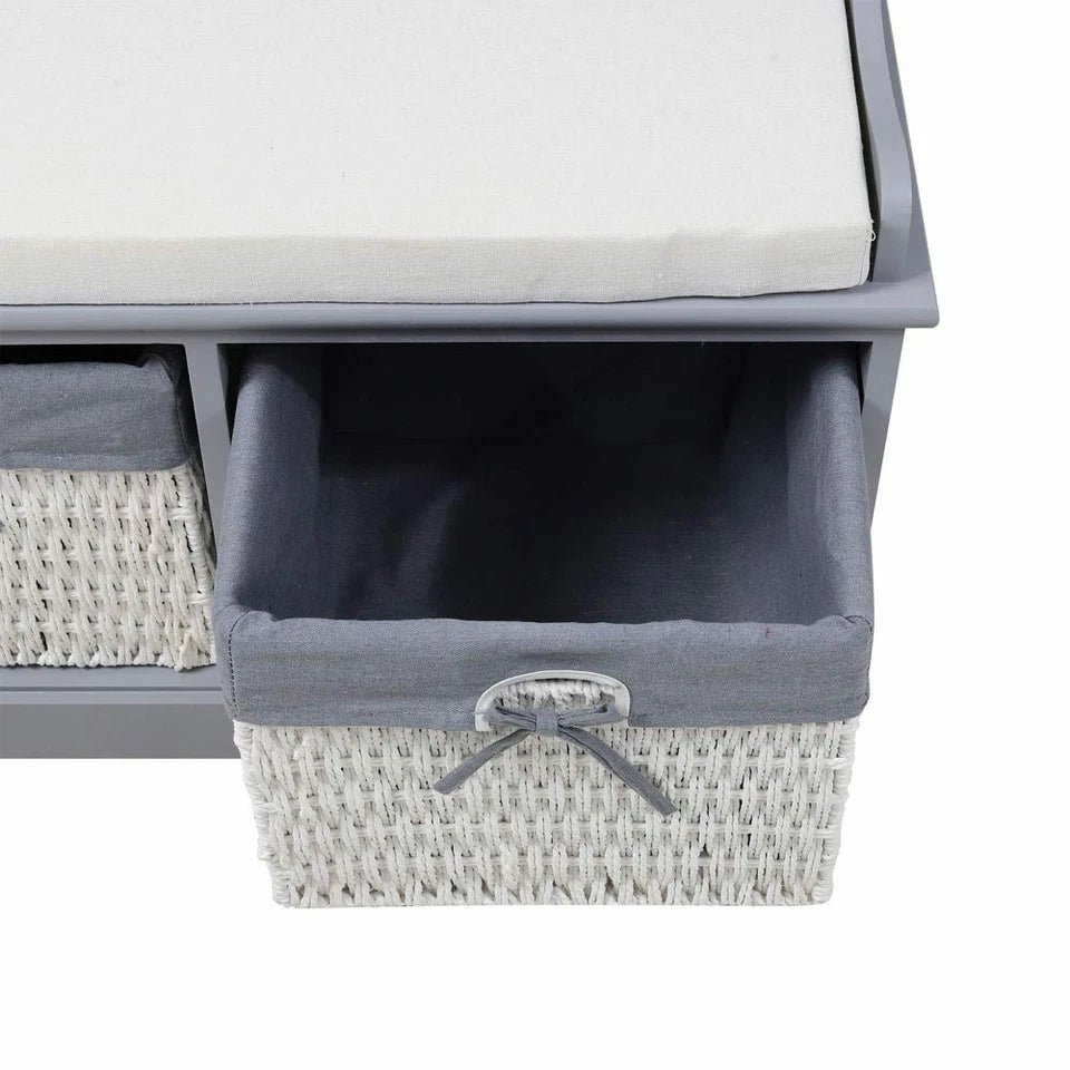 Large Shoe Storage Bench with Seat Cushion And 2 Rattan Basket Organiser Hallway