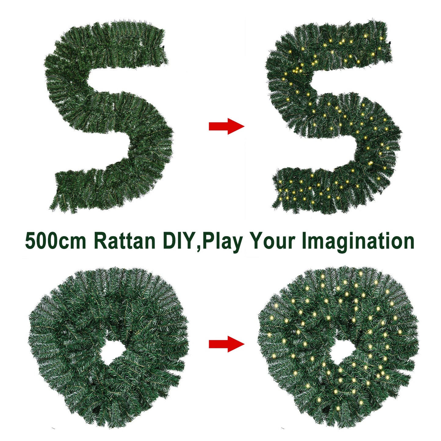 16FT Christmas Garland with LED Lights Pre Lit Stairs Home Fireplace Bushy Pine