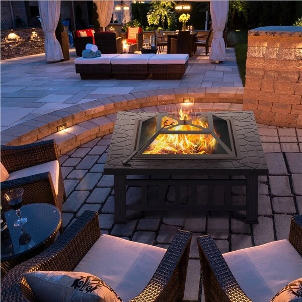 Large Fire Pit BBQ Outdoor Iron Grill Square Garden Table Patio Log Burner Stove