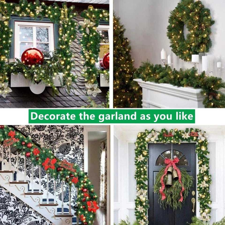 9ft Bushy Pine XMAS Christmas Garland with Lights for Stairs Outdoor Decorations