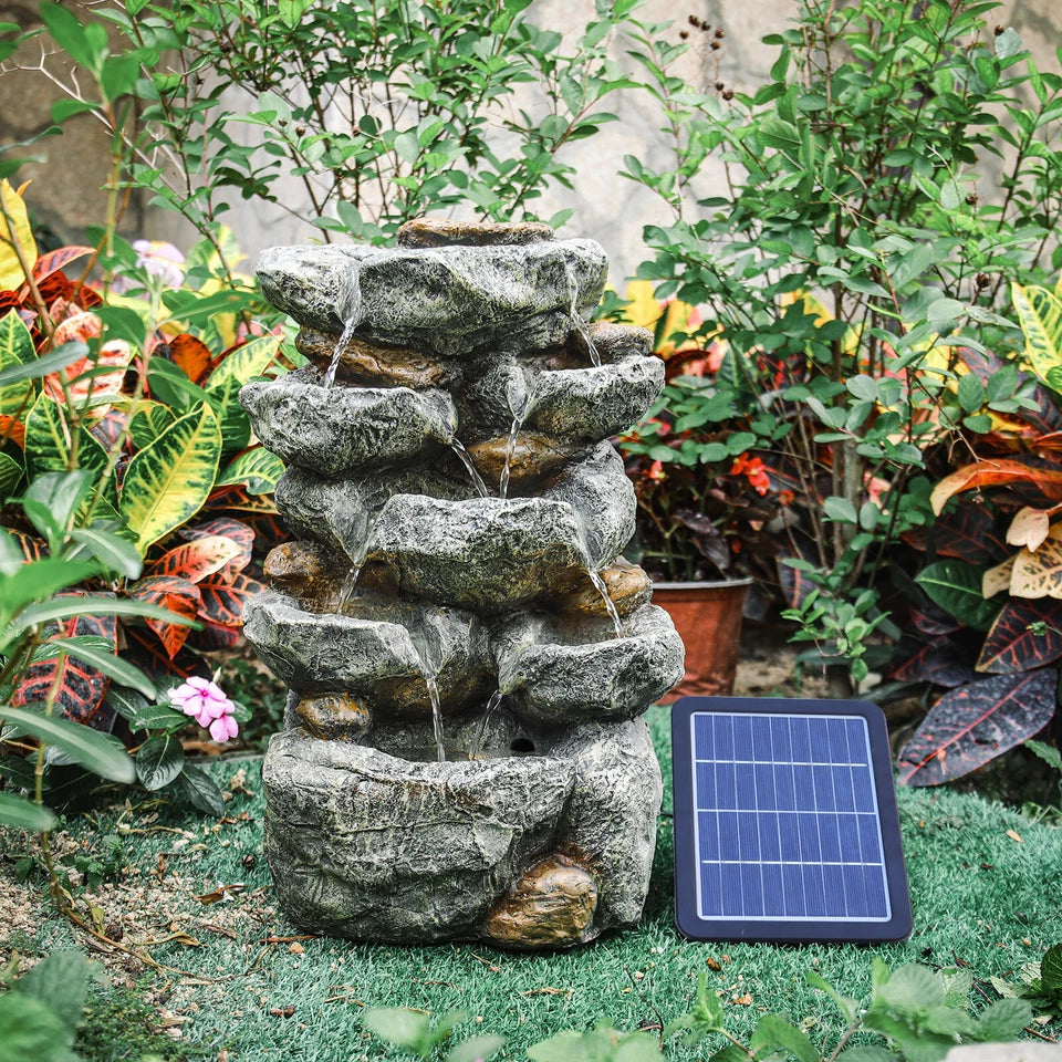 Solar Powered Cascading Stones Fountain LED Water Feature Garden Statues Pump