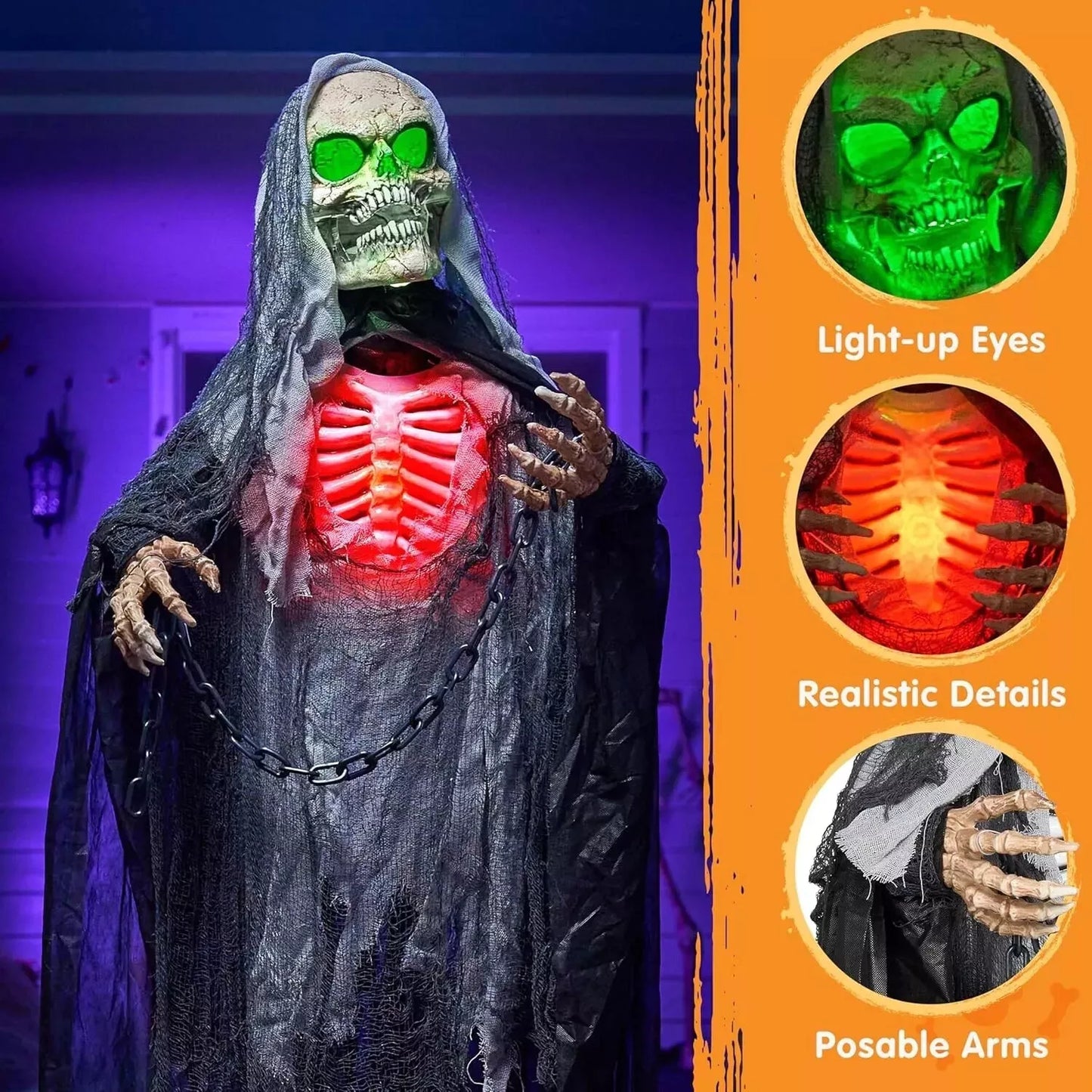 65" Halloween Animatronics Standing Grim Reaper Decoration with Breastbone, Life