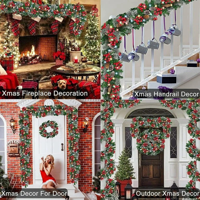9ft Christmas Garland Snow Flocked With Lights Pinecones Berries Wreath Bushy