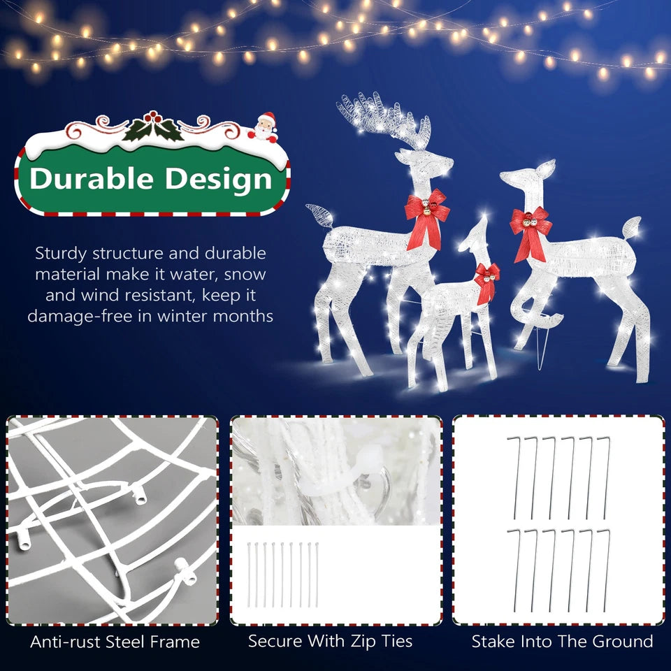 Set of 3 Light Up Reindeer Family Outdoor Christmas Decoration White Wire LED