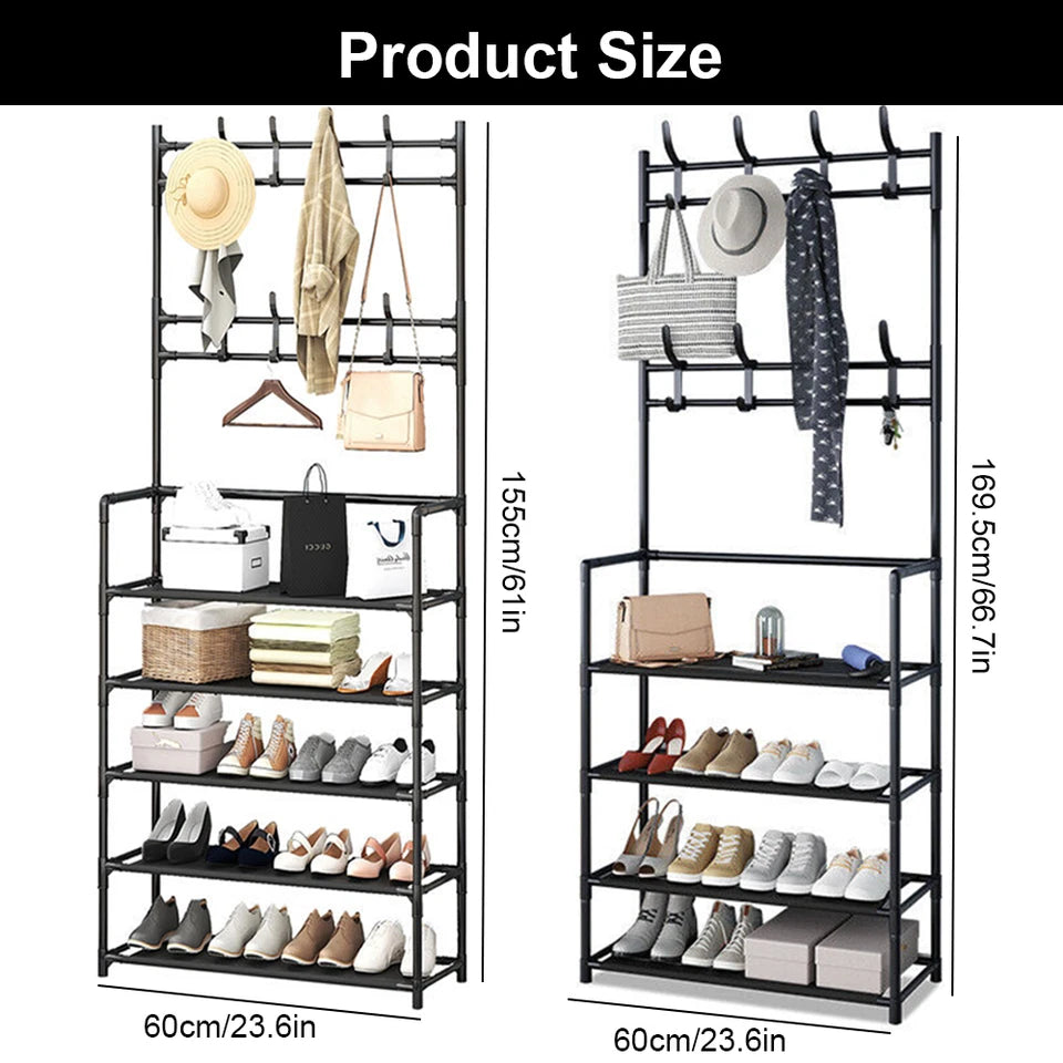 8 Hooks Coat and Hat Stand Metal + Plastic Shoe Rack Bedroom Shelf Hanger
