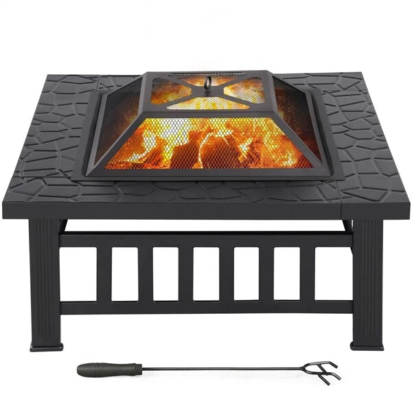 Large Fire Pit BBQ Outdoor Iron Grill Square Garden Table Patio Log Burner Stove